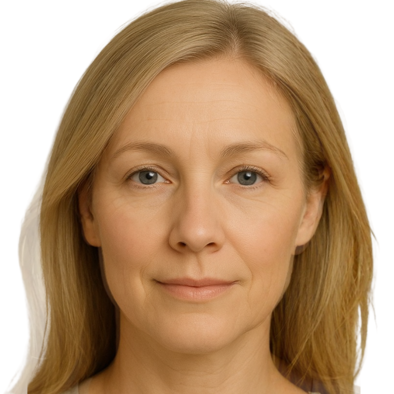 Close-up of a person with blonde hair on a white background