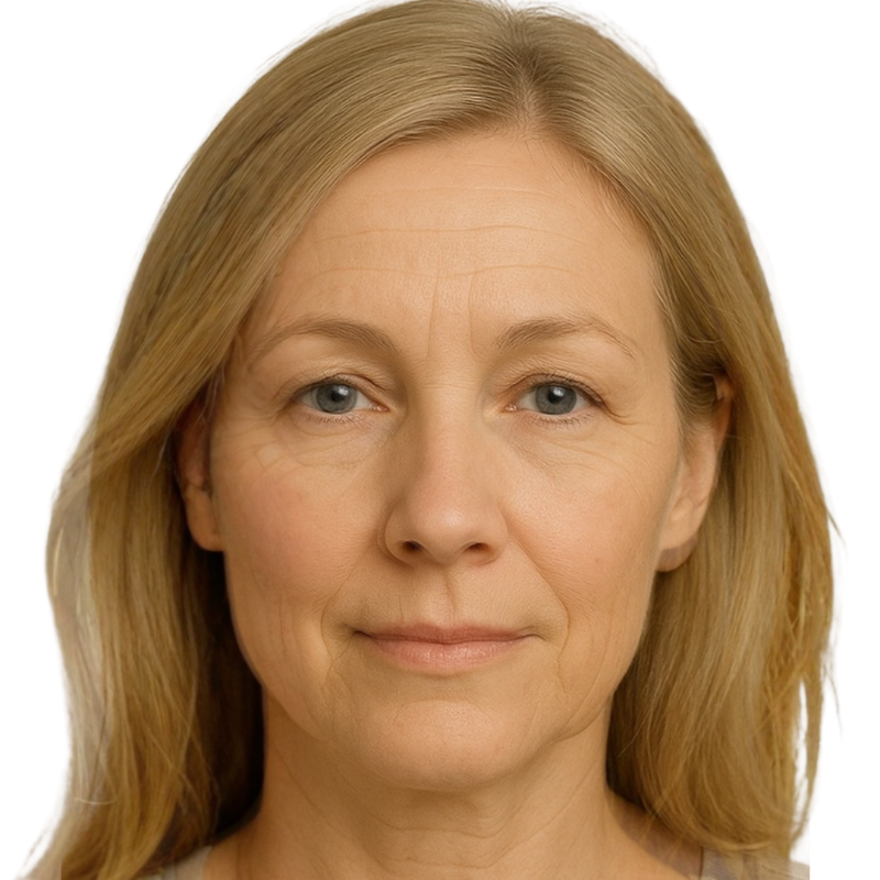 Close-up of a woman with blonde hair on a white background