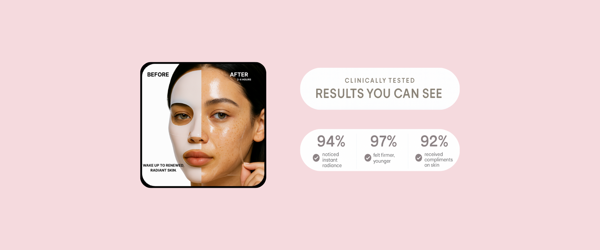 Before and after skin comparison with a woman's face on a pink background, featuring clinical test results.