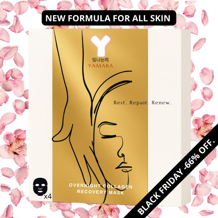 Yamara overnight collagen recovery mask packaging with floral background