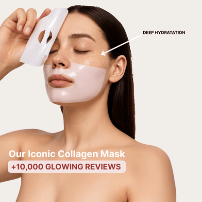 Woman applying a collagen mask with text highlighting deep hydration and product popularity.