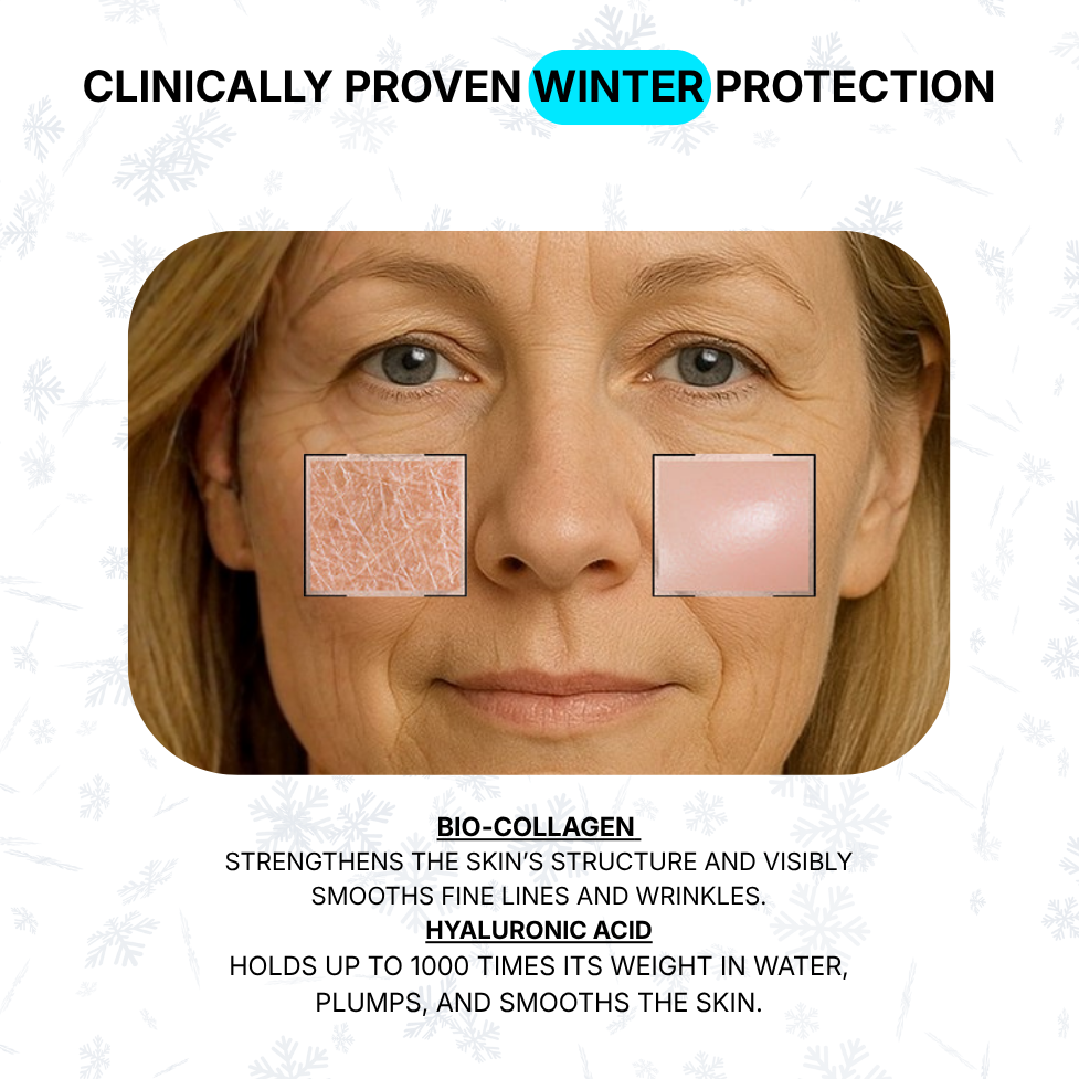Advertisement for skin care product with a woman's face showing before and after effects, text about bio-collagen and hyaluronic acid.
